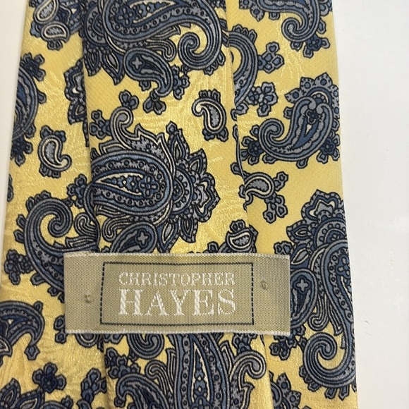 Yellow Italian Silk Tie with Blue & Gray Paisley Print - Picture 2 of 7